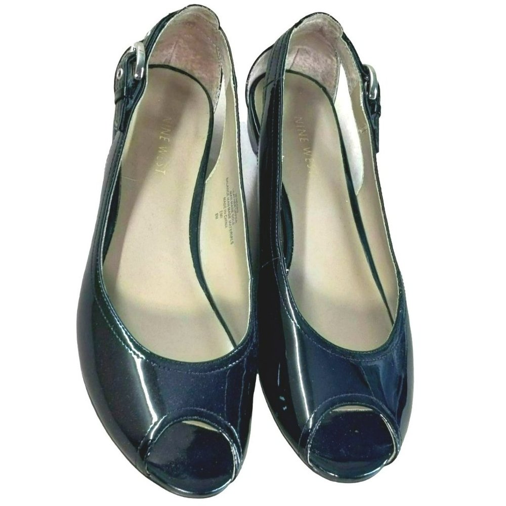 Nine West 8M Black Patton Leather Peep Toe Slip On Flats Accent Side Buckle